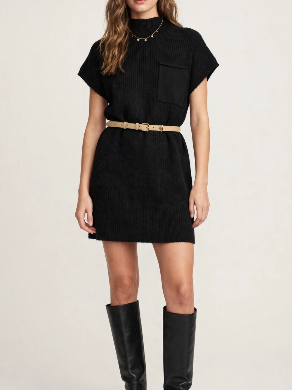 Zenana Outfitters Black Ribbed Short Sleeve Sweater Mini Dress